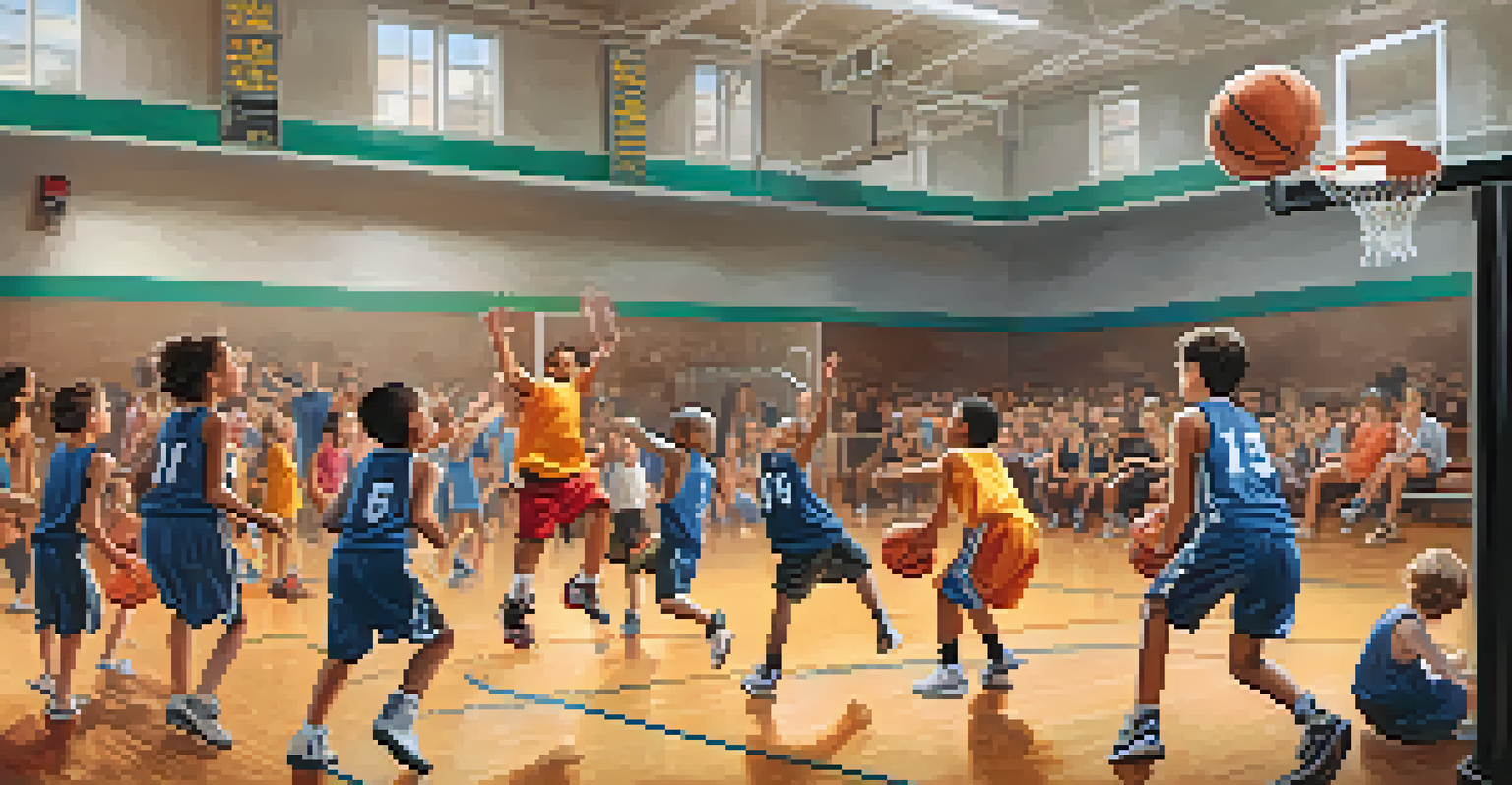 Young basketball players competing for a rebound in a bustling local gym filled with cheering spectators.