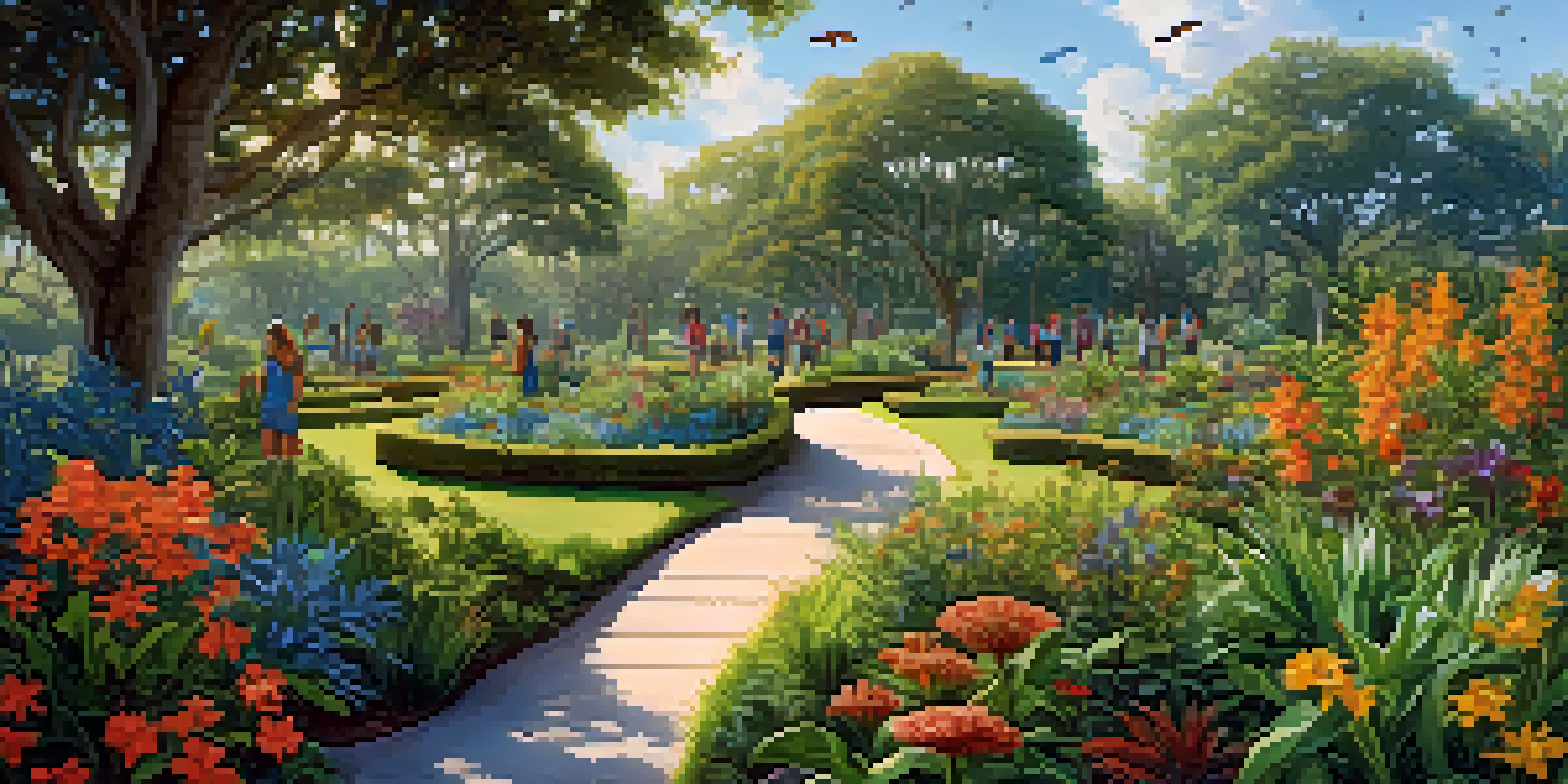 A school garden in Florida filled with native plants and students observing butterflies, under a clear blue sky.
