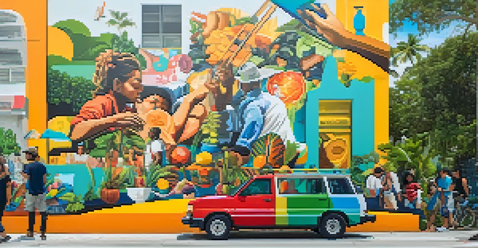 A colorful mural in Wynwood, Miami, with artists painting and people admiring the vibrant street art.