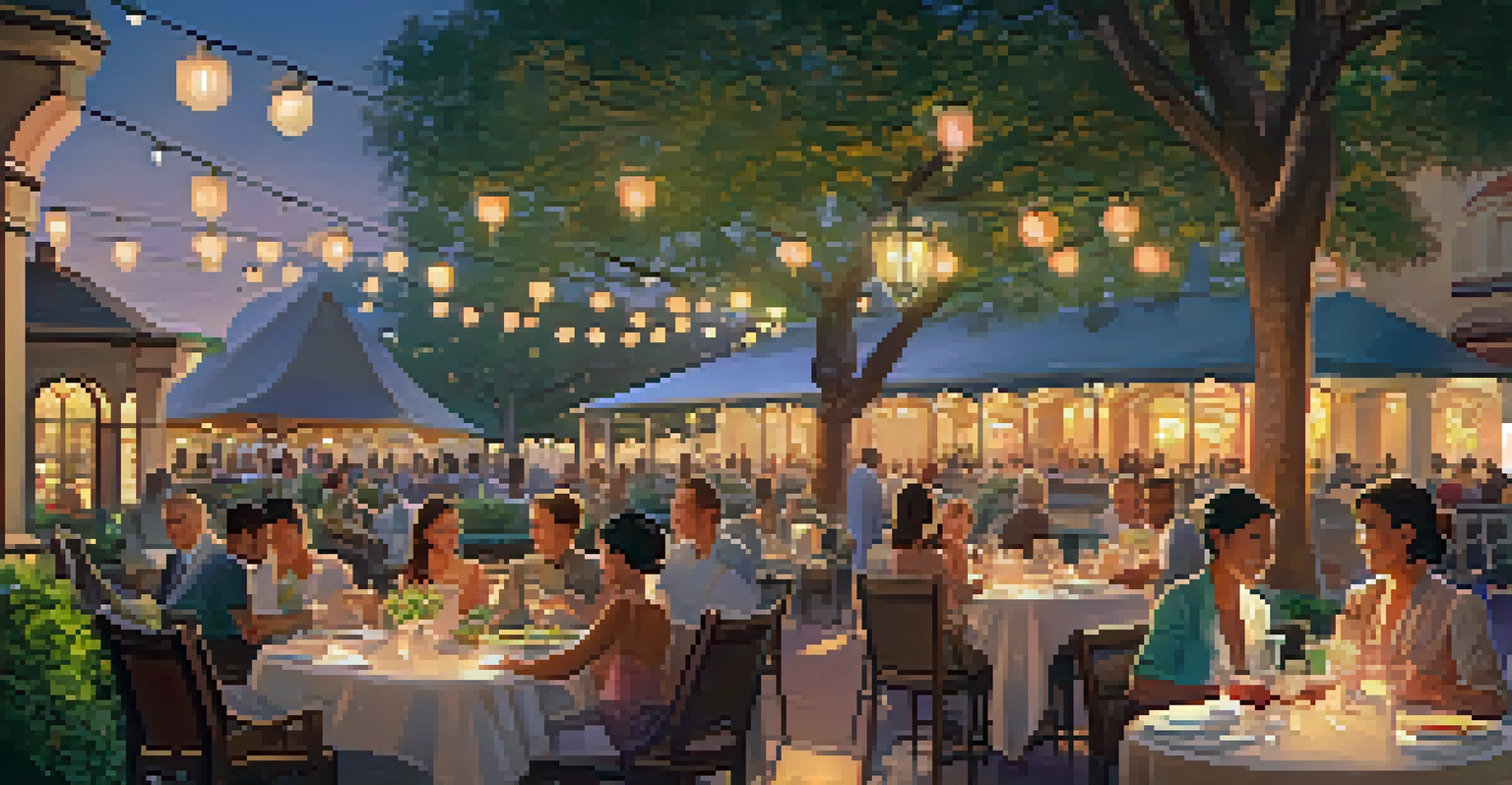 An outdoor dining area at the Epcot Food & Wine Festival with tables set for guests enjoying various international dishes under warm sunset lighting.