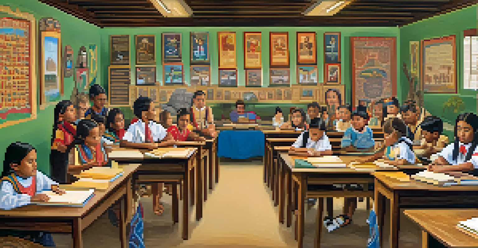 Young Seminole children learning in a classroom filled with books and cultural artifacts, with a teacher guiding the lessons.