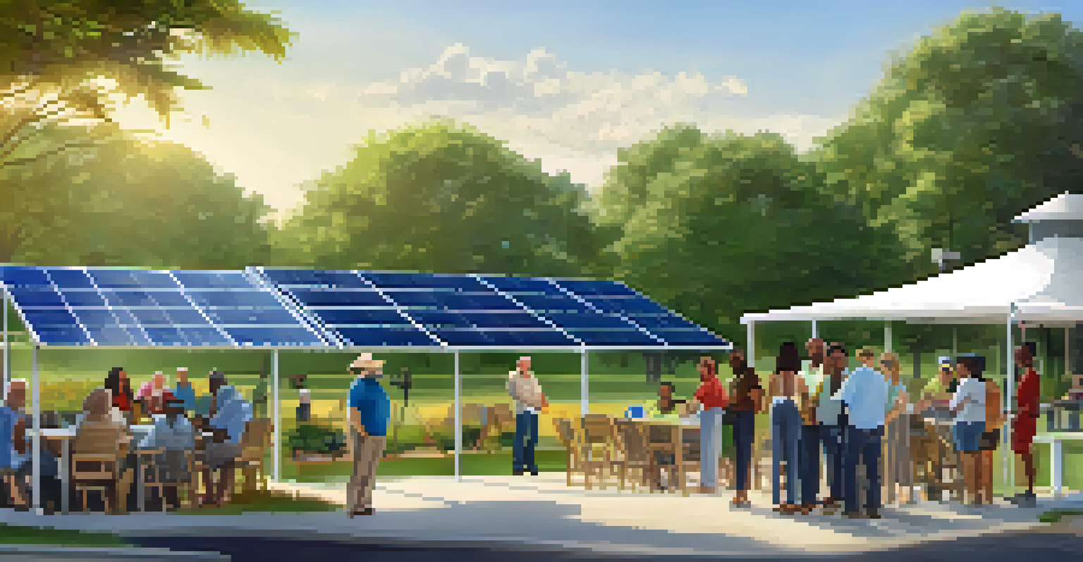 A community solar project event in Florida with residents discussing solar energy solutions amidst booths and displays.