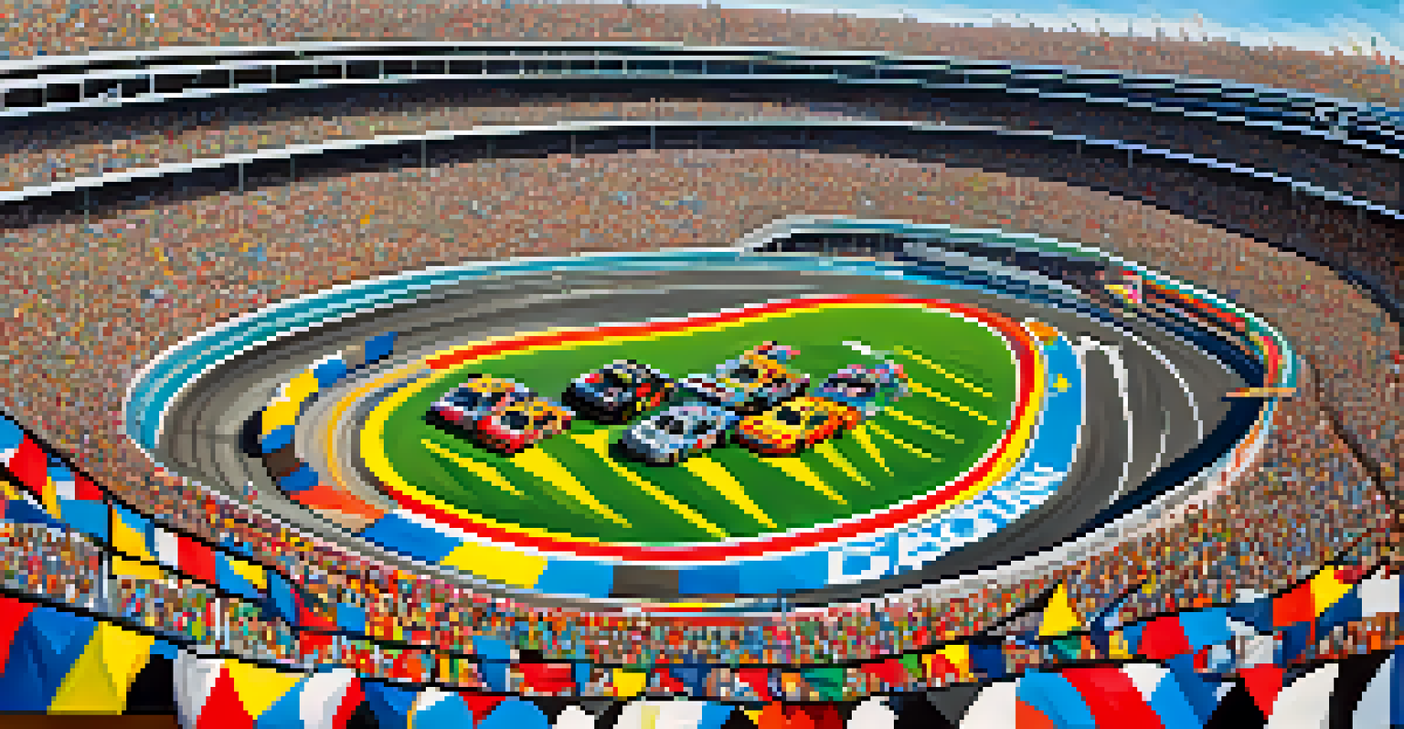 An aerial view of the Daytona 500 with colorful race cars and cheering fans in the grandstands.