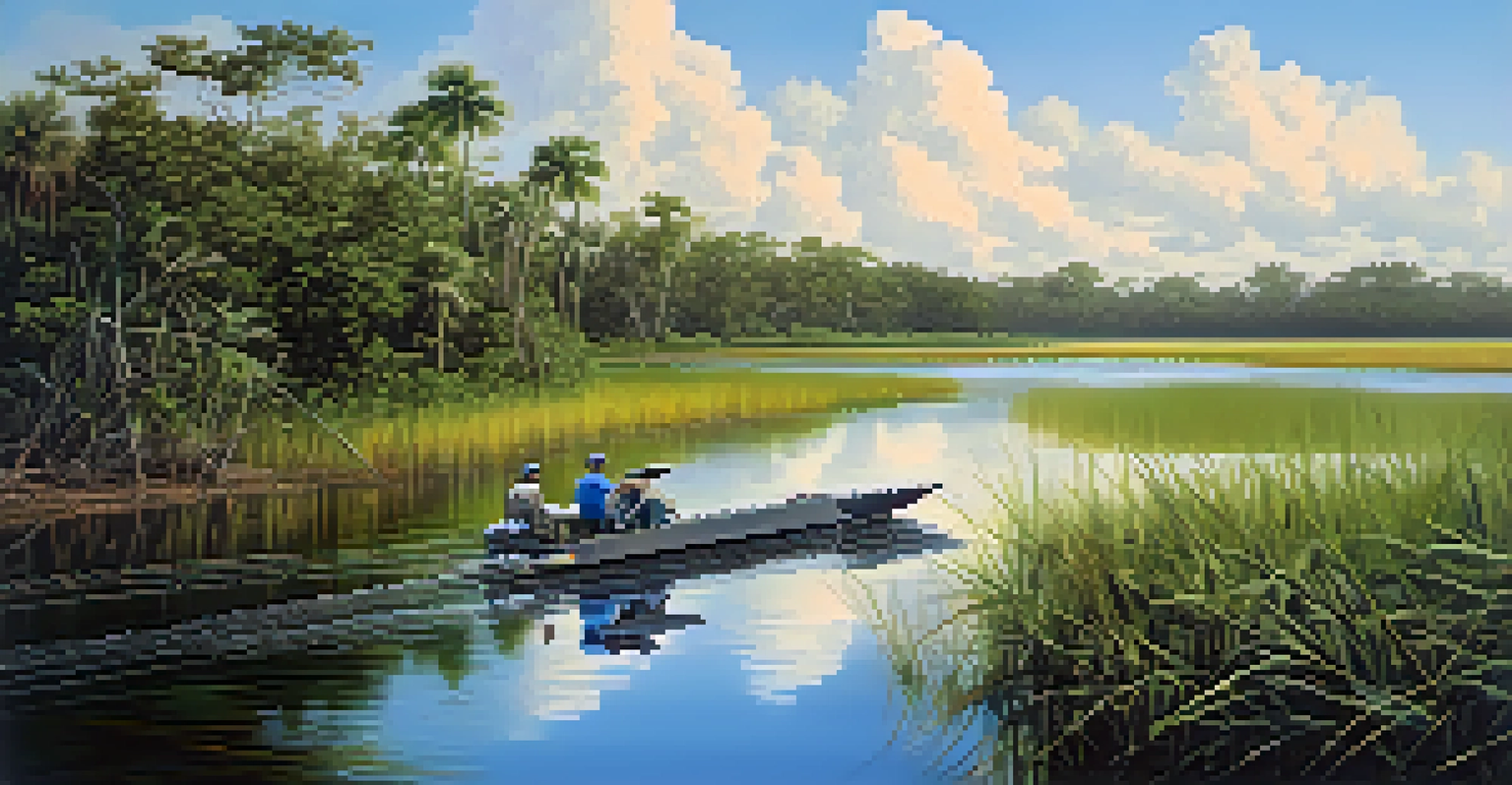 A guided airboat navigating through the Everglades wetlands with alligators on the banks and birds flying in a clear blue sky.