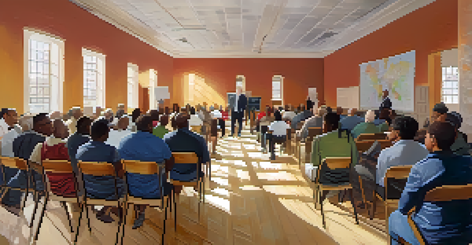 A community meeting in a church hall with diverse residents and local officials discussing disaster recovery, featuring charts and maps.