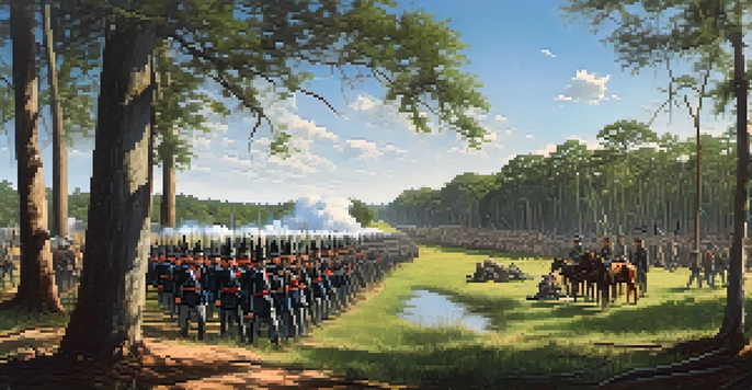 A panoramic view of a historic Civil War battlefield in Florida with Confederate troops in the foreground, surrounded by lush greenery and swamps.