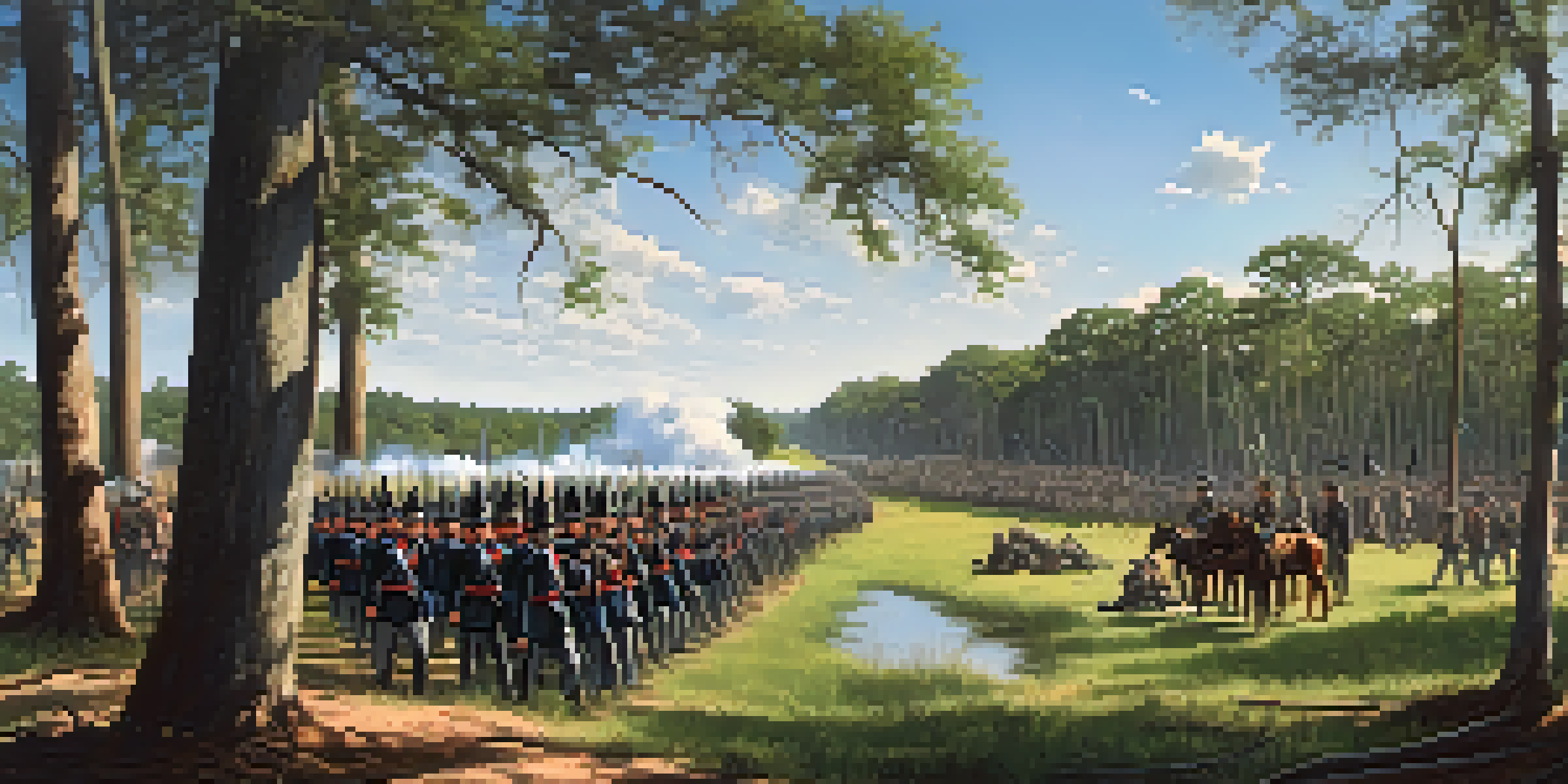 A panoramic view of a historic Civil War battlefield in Florida with Confederate troops in the foreground, surrounded by lush greenery and swamps.