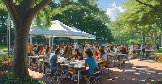 A lively campus scene at Florida State University with students conducting research outdoors, surrounded by greenery and sunlight.
