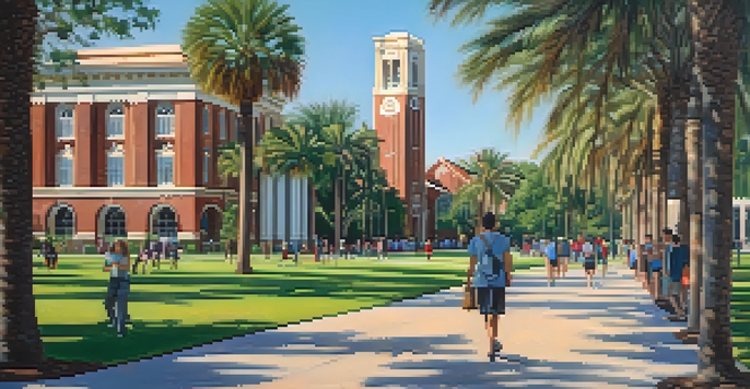 A sunny day on Florida State University's campus with students walking on the green lawn surrounded by buildings and palm trees.