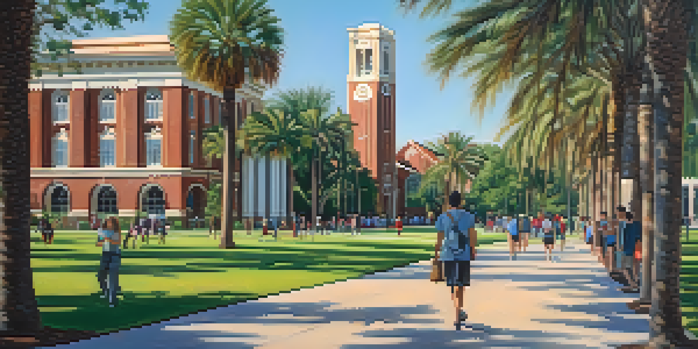 A sunny day on Florida State University's campus with students walking on the green lawn surrounded by buildings and palm trees.