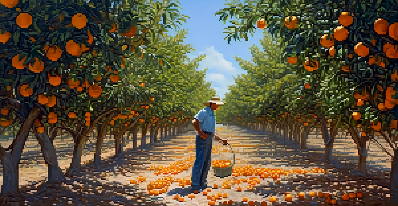 A scenic orange grove in Florida during harvest, with ripe oranges on trees and a farmer picking them under a clear blue sky.
