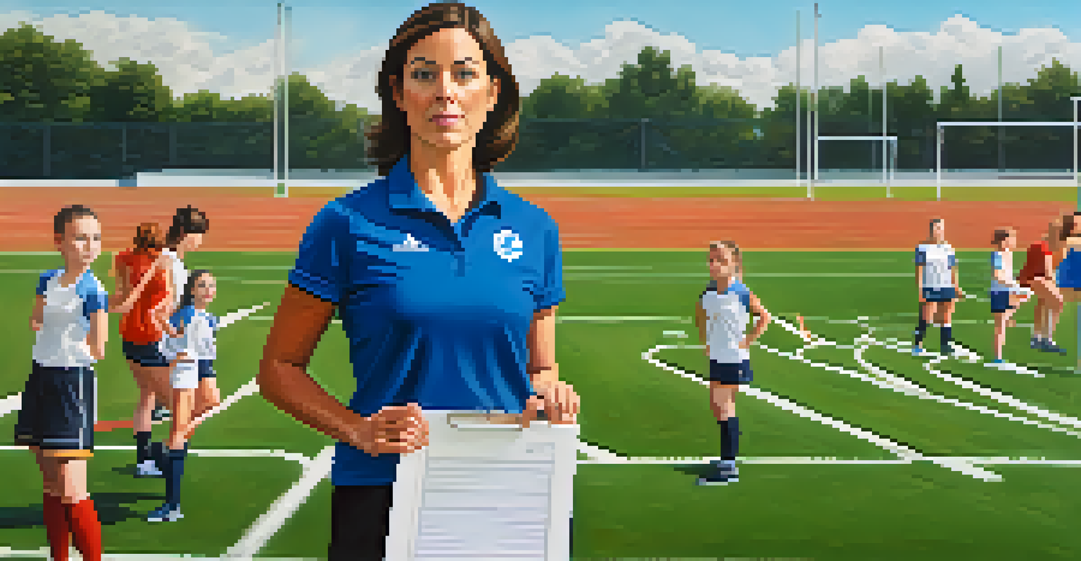 A female sports coach standing on a field with a clipboard, overseeing young female athletes practicing, symbolizing leadership and empowerment.