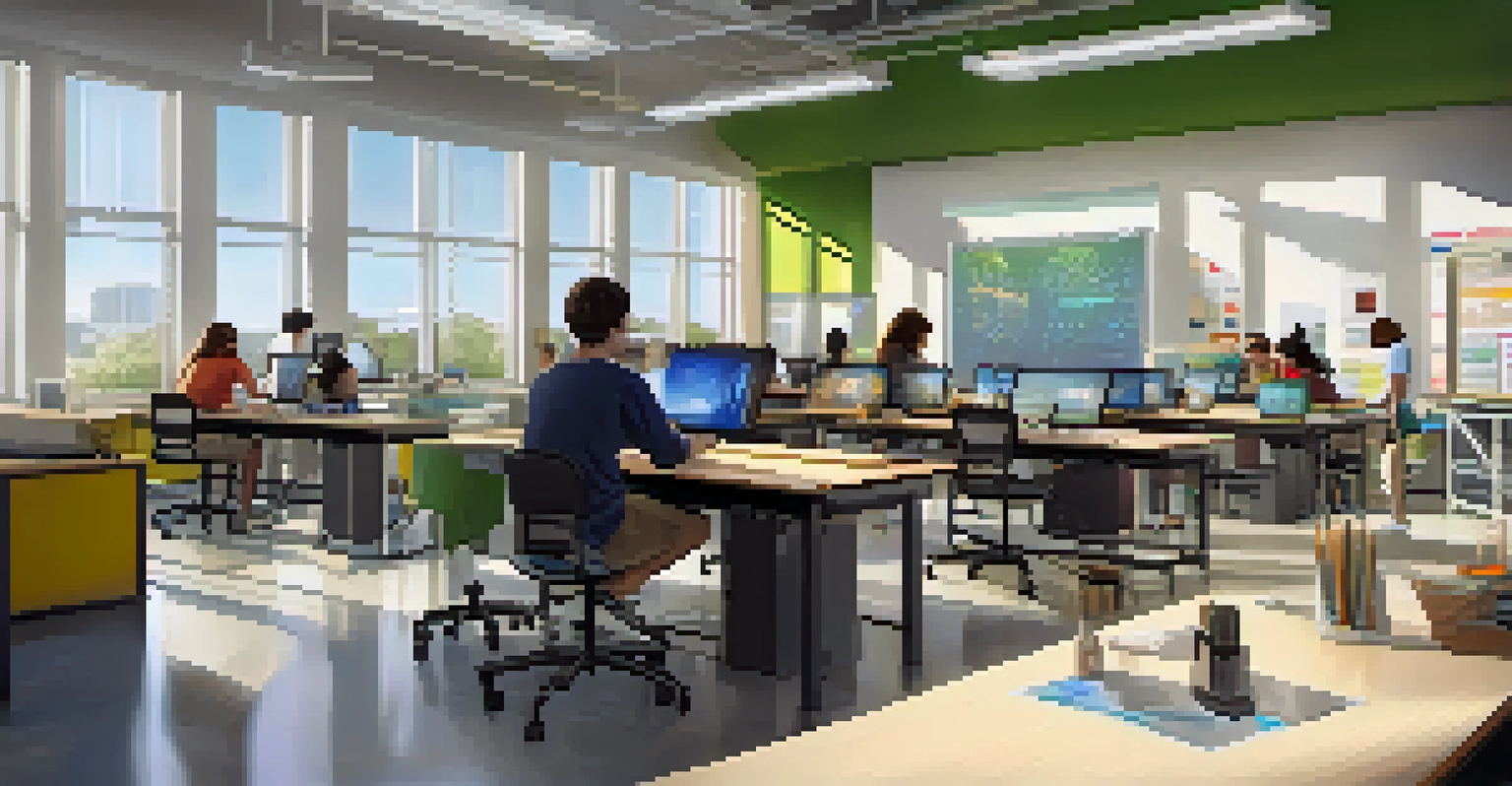 A modern classroom filled with students working on tech projects, equipped with advanced tools and natural light from large windows.