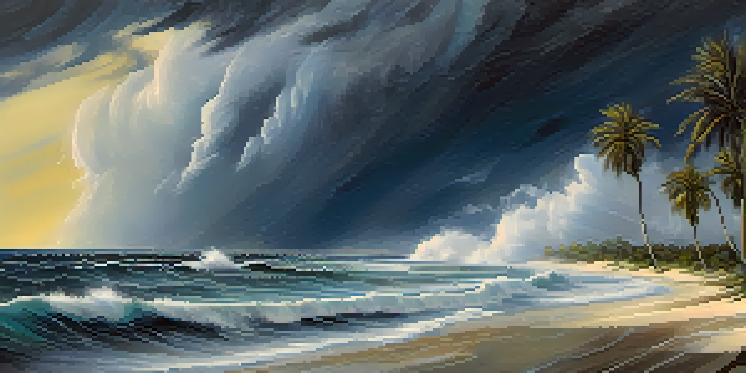A stormy Florida coastline with palm trees bending in strong winds and dark clouds overhead.