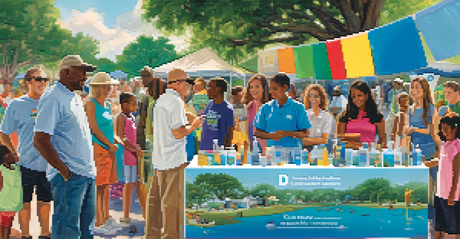 A community event promoting water conservation with diverse residents and educational materials.