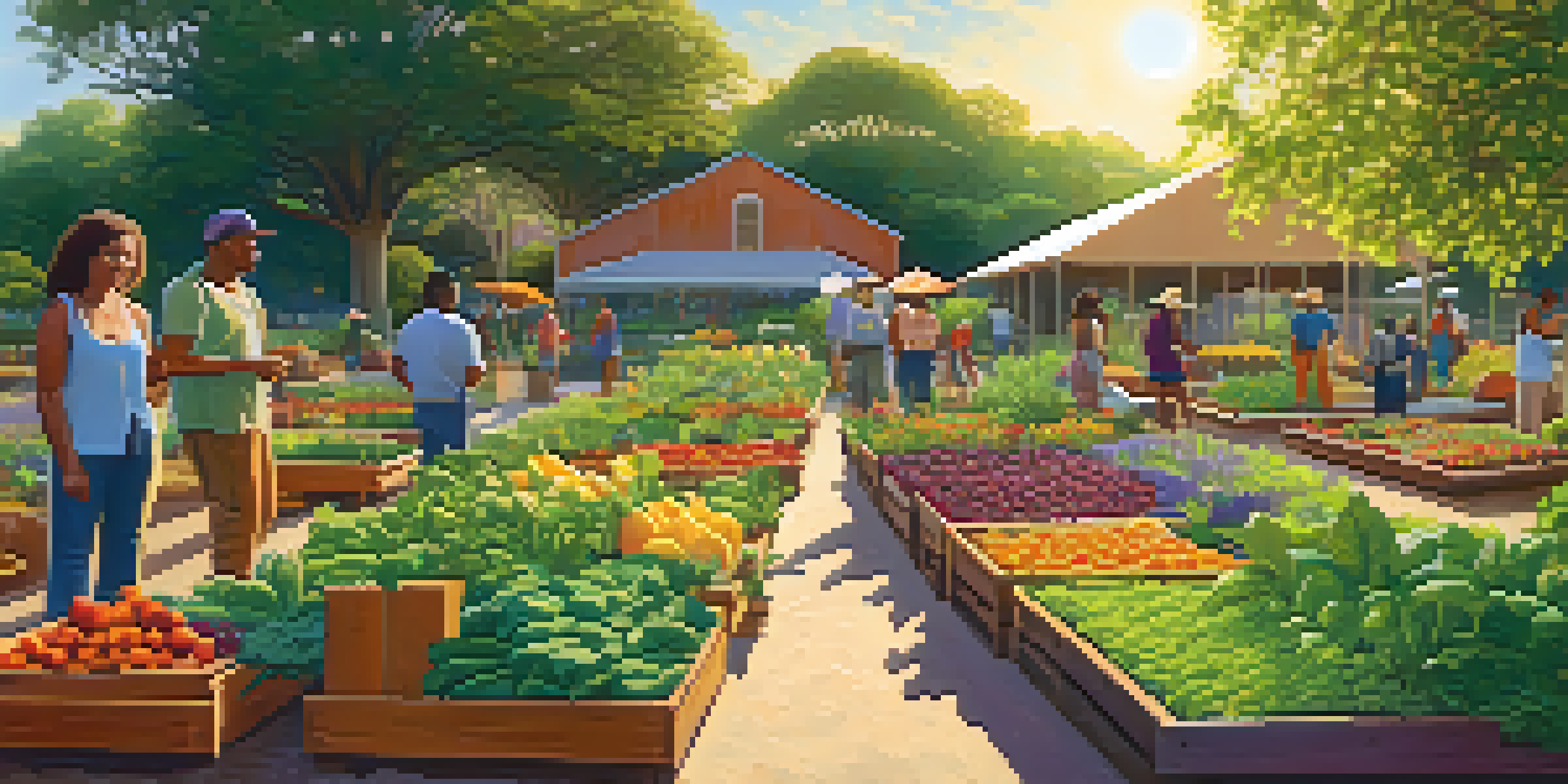 A diverse group of people working together in a colorful community garden, surrounded by various fruits and vegetables under the warm sunlight.