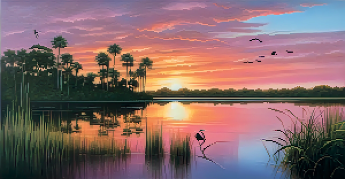 A beautiful sunset over Florida's wetlands, with colorful skies and silhouettes of birds in the foreground.