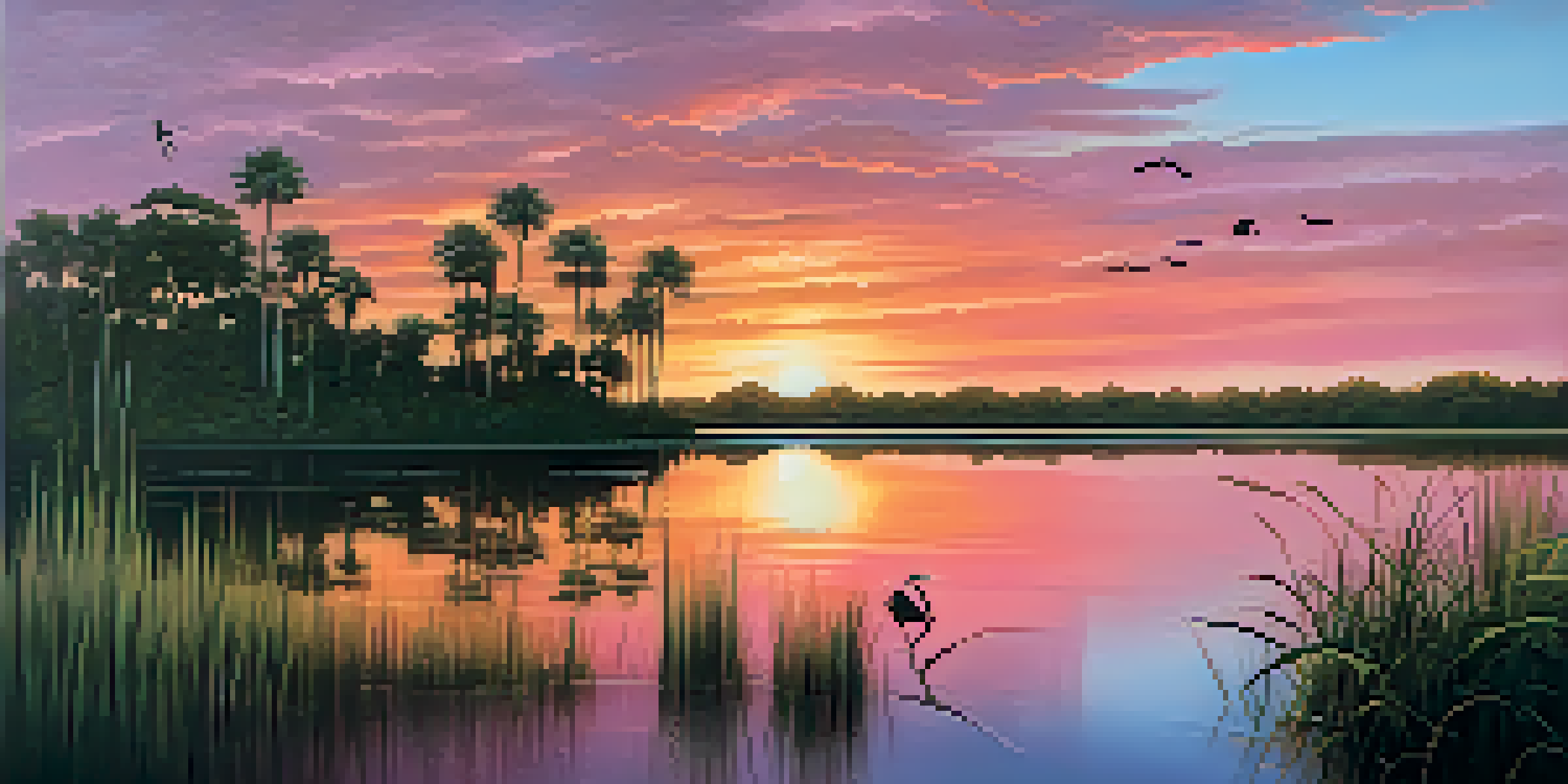 A beautiful sunset over Florida's wetlands, with colorful skies and silhouettes of birds in the foreground.