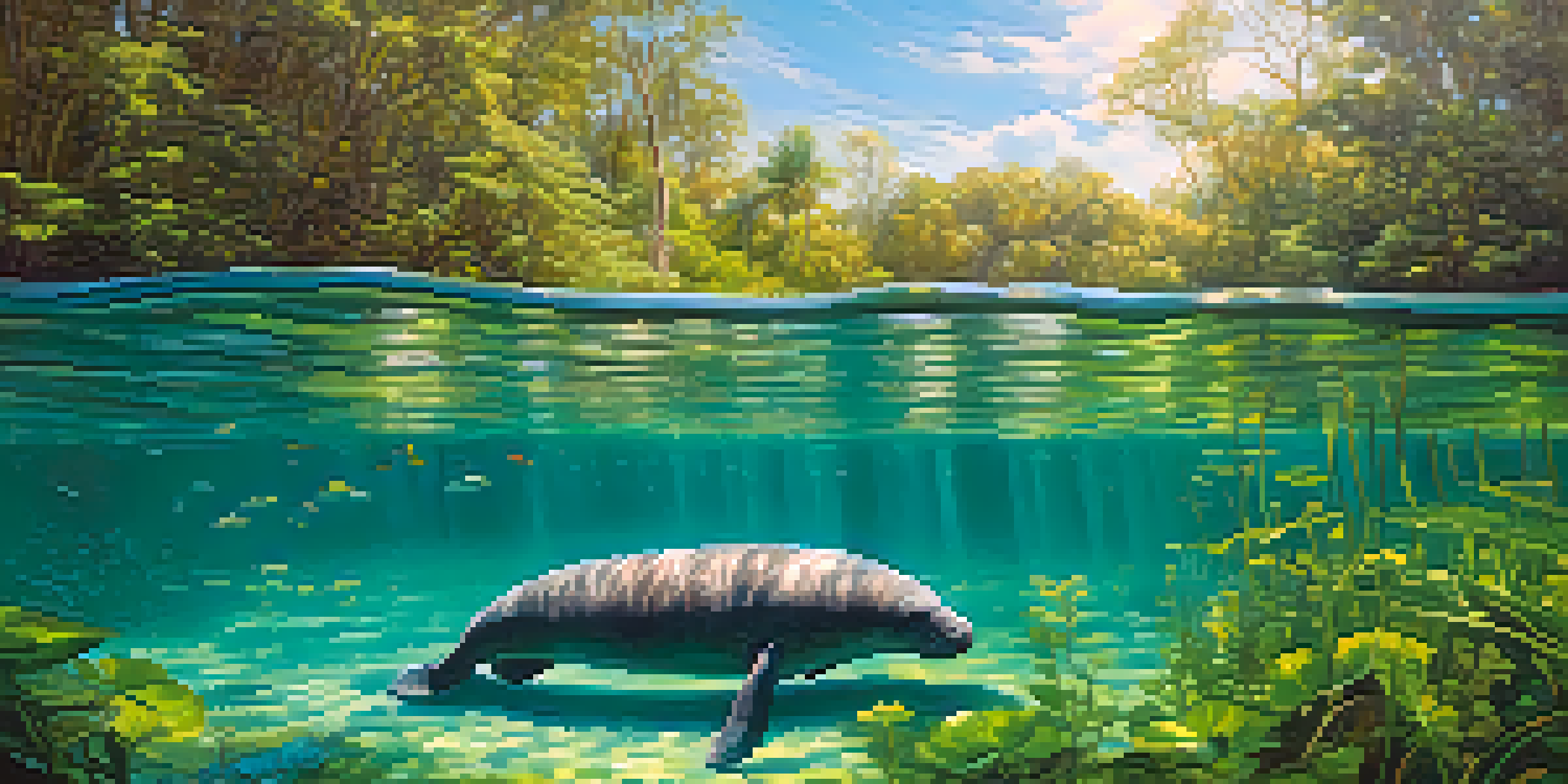 A tranquil Florida freshwater spring with clear blue water, surrounded by greenery and sunlight filtering through the trees. A manatee is swimming in the water.
