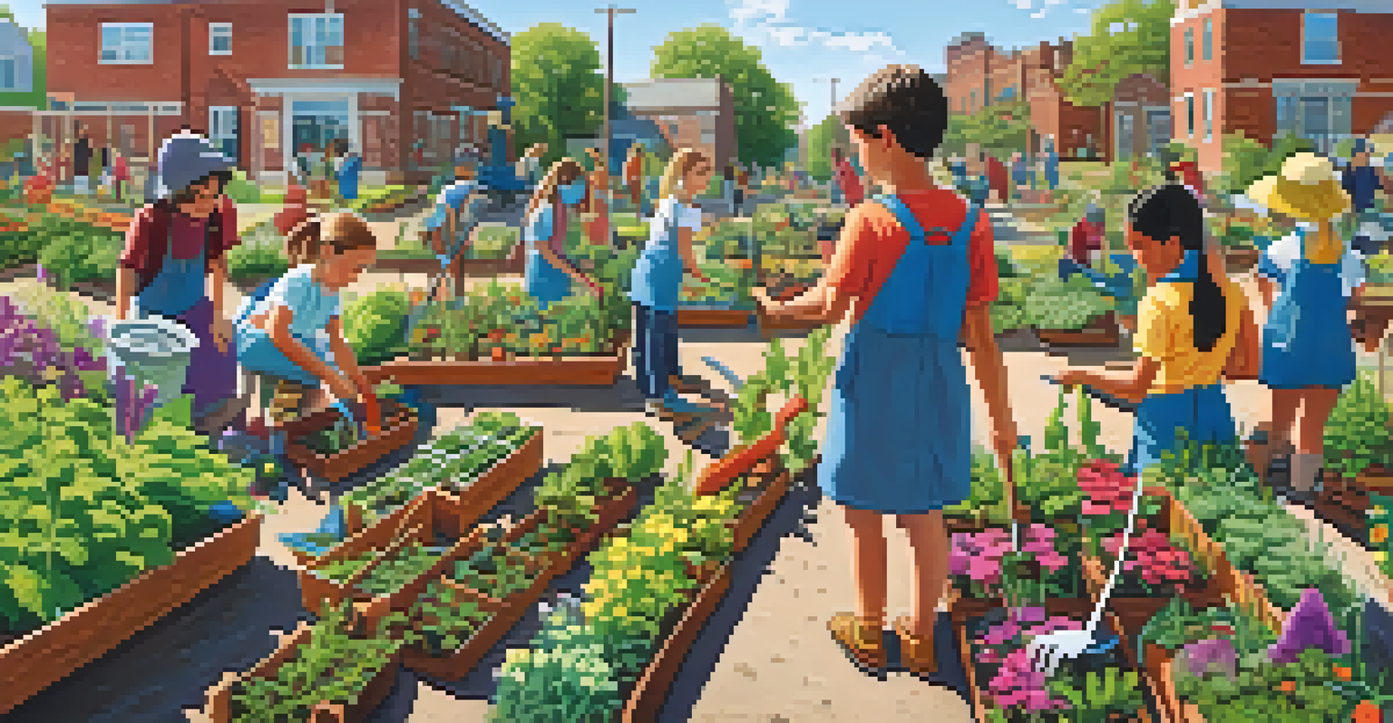 Students working together in a lively community garden, planting vegetables and enjoying the outdoors.