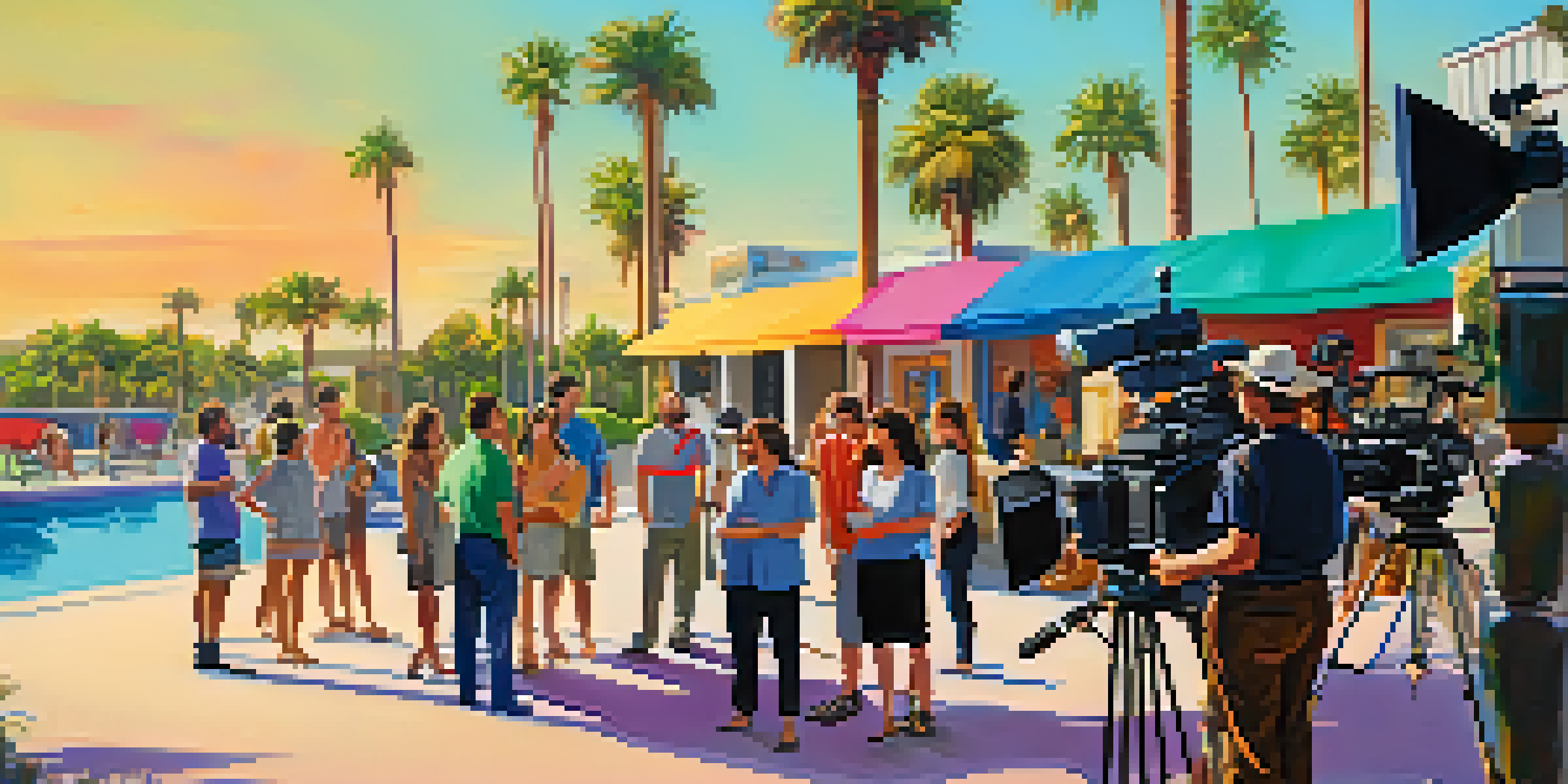 A diverse group of filmmakers on a sunny Florida film set, collaborating with film equipment and palm trees in the background.