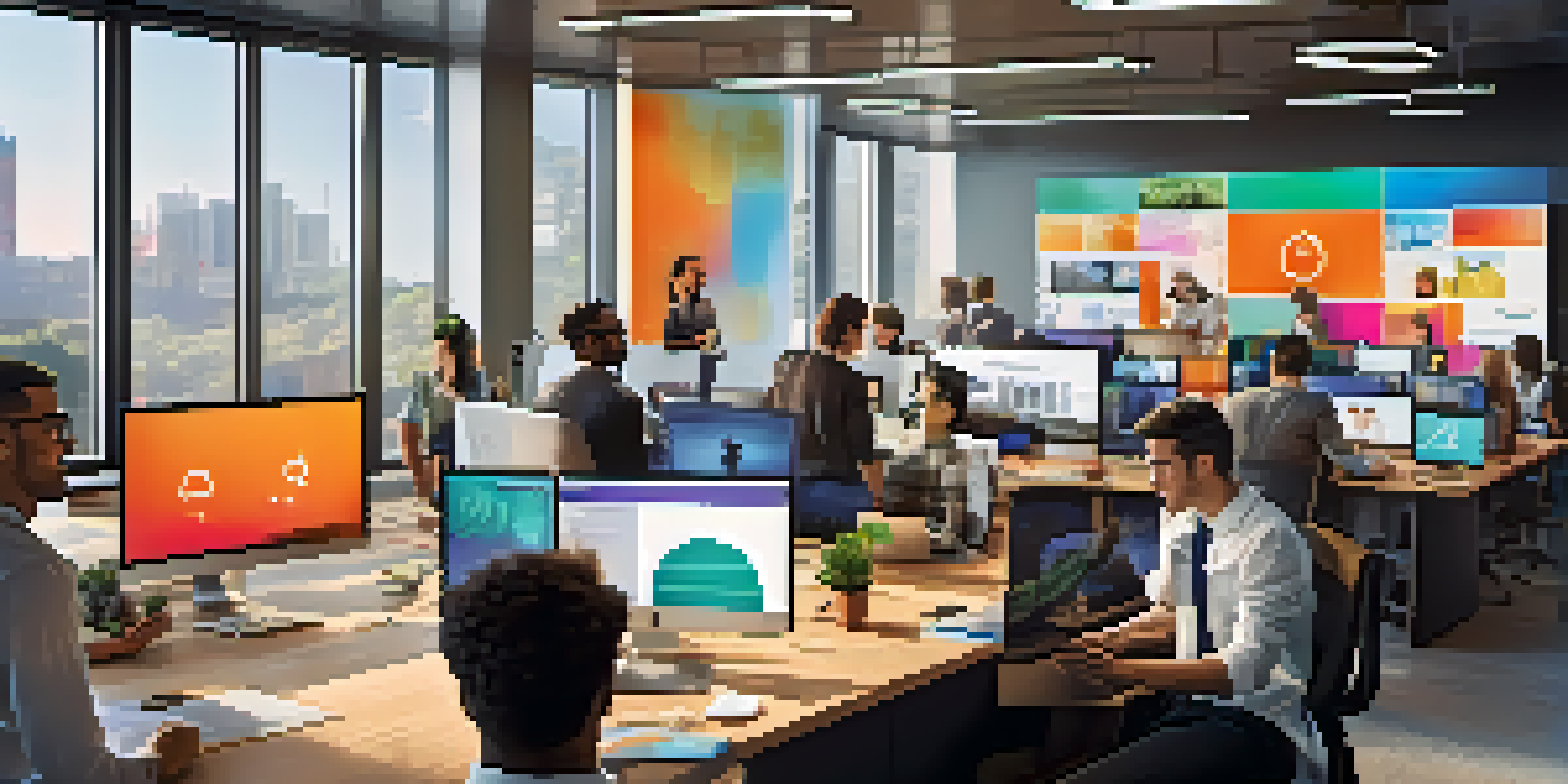 A modern office space with diverse tech professionals collaborating over digital screens and video calls, filled with natural light.