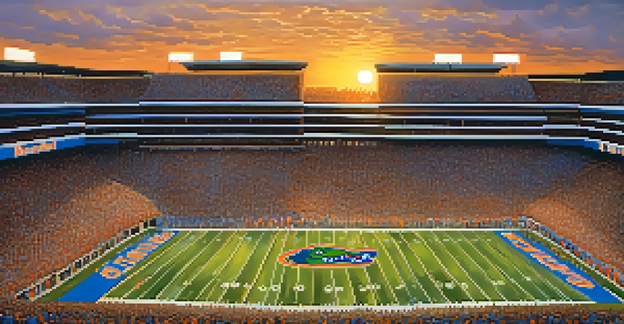 A lively college football game in Florida with enthusiastic fans in a packed stadium, cheering for the Gators.