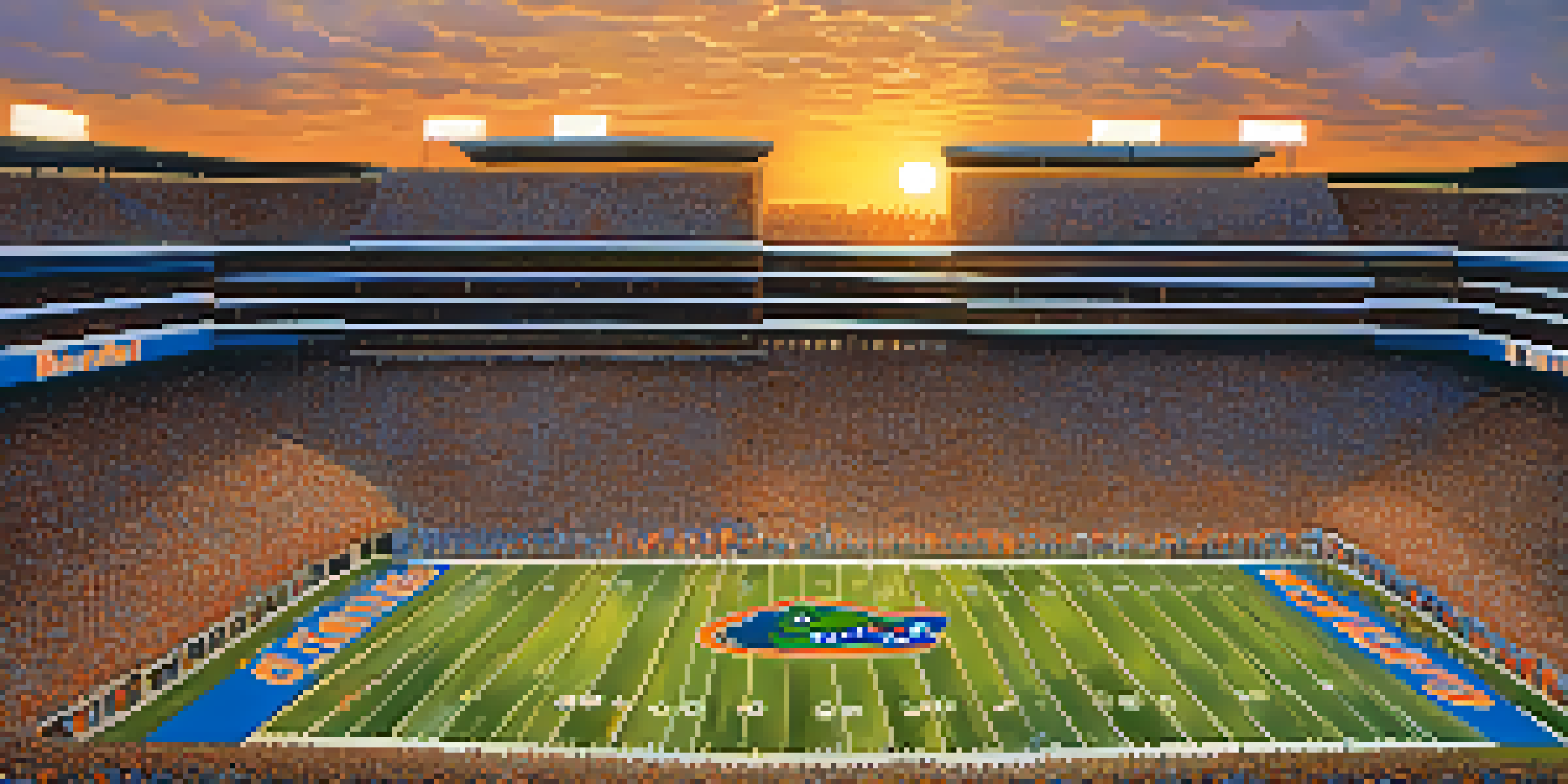 A lively college football game in Florida with enthusiastic fans in a packed stadium, cheering for the Gators.