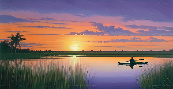 A kayaker paddling through the Everglades at sunset, with colorful skies and a silhouette of an alligator in the water.