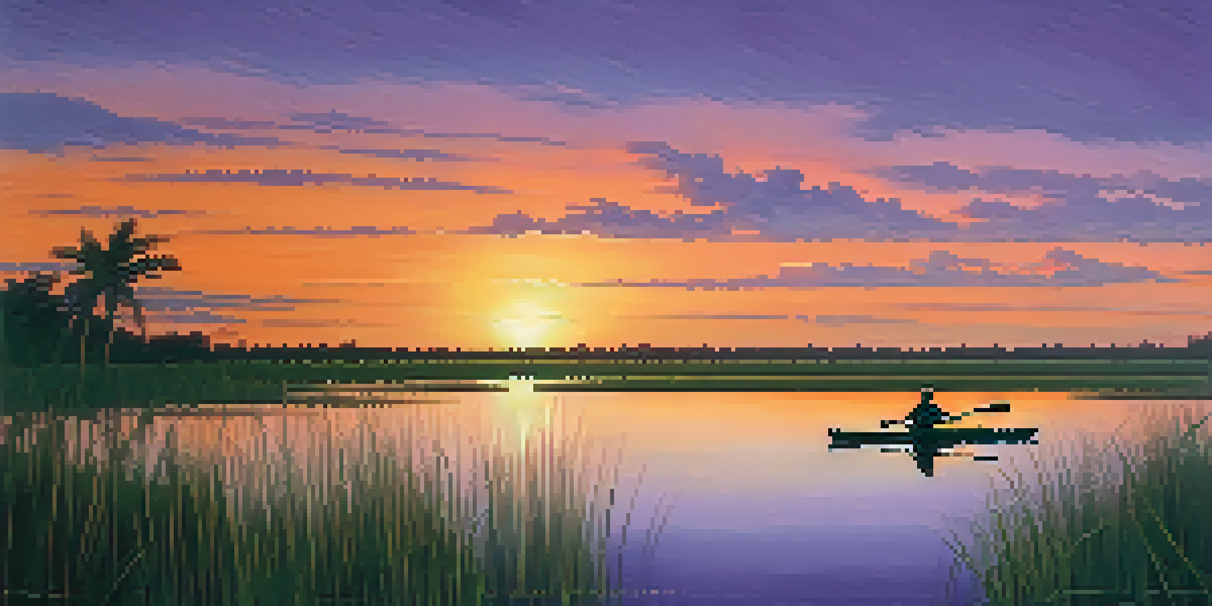A kayaker paddling through the Everglades at sunset, with colorful skies and a silhouette of an alligator in the water.