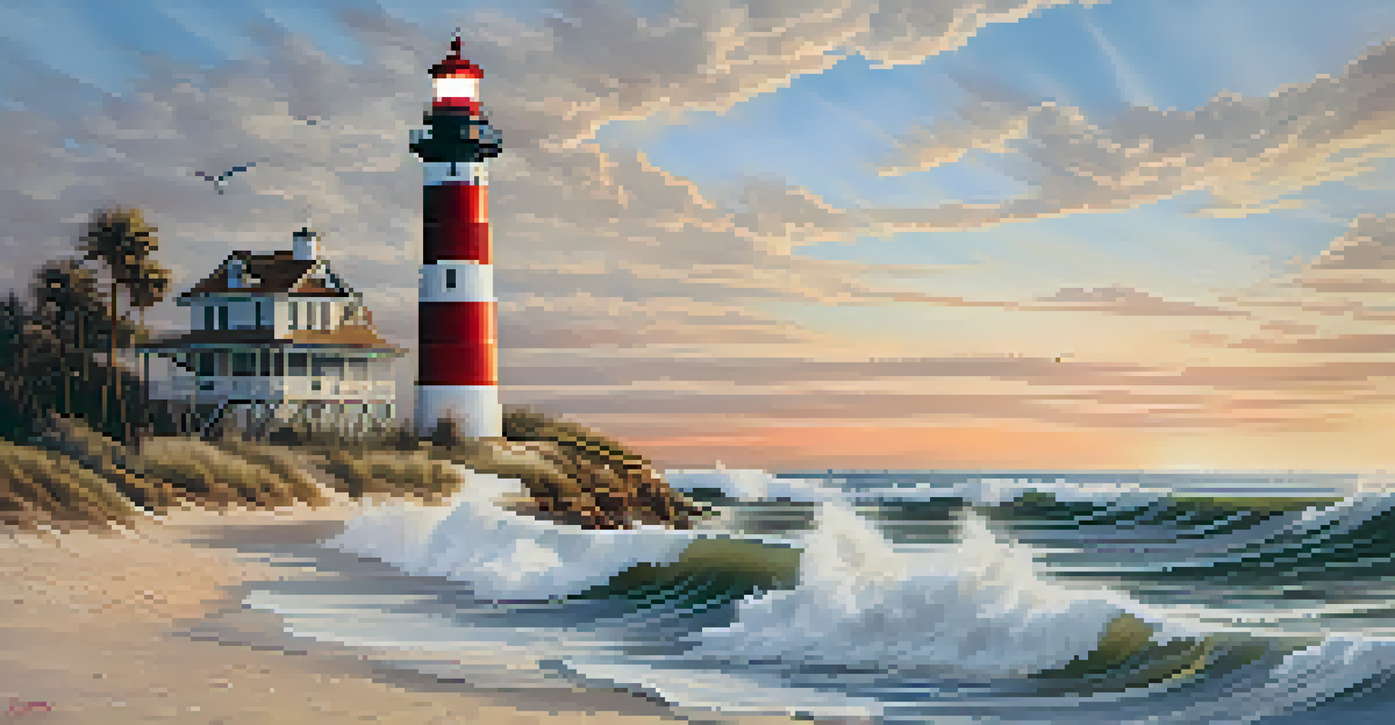 A historic lighthouse on the coast during sunset, surrounded by crashing waves and sandy shores, with seagulls flying above.