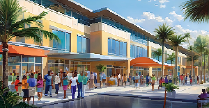 A community health center in Florida, with diverse individuals interacting in a bright and welcoming environment.