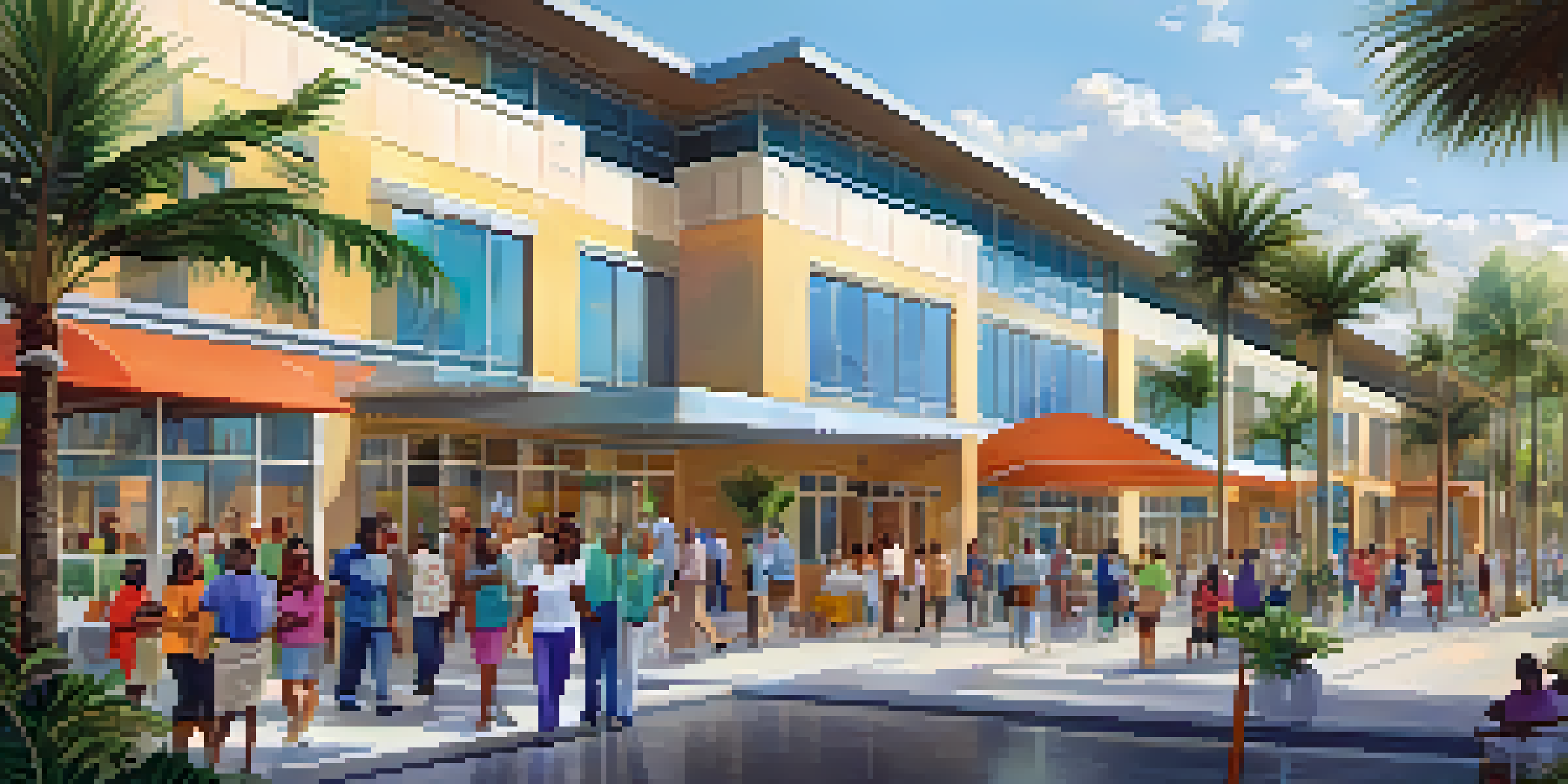A community health center in Florida, with diverse individuals interacting in a bright and welcoming environment.
