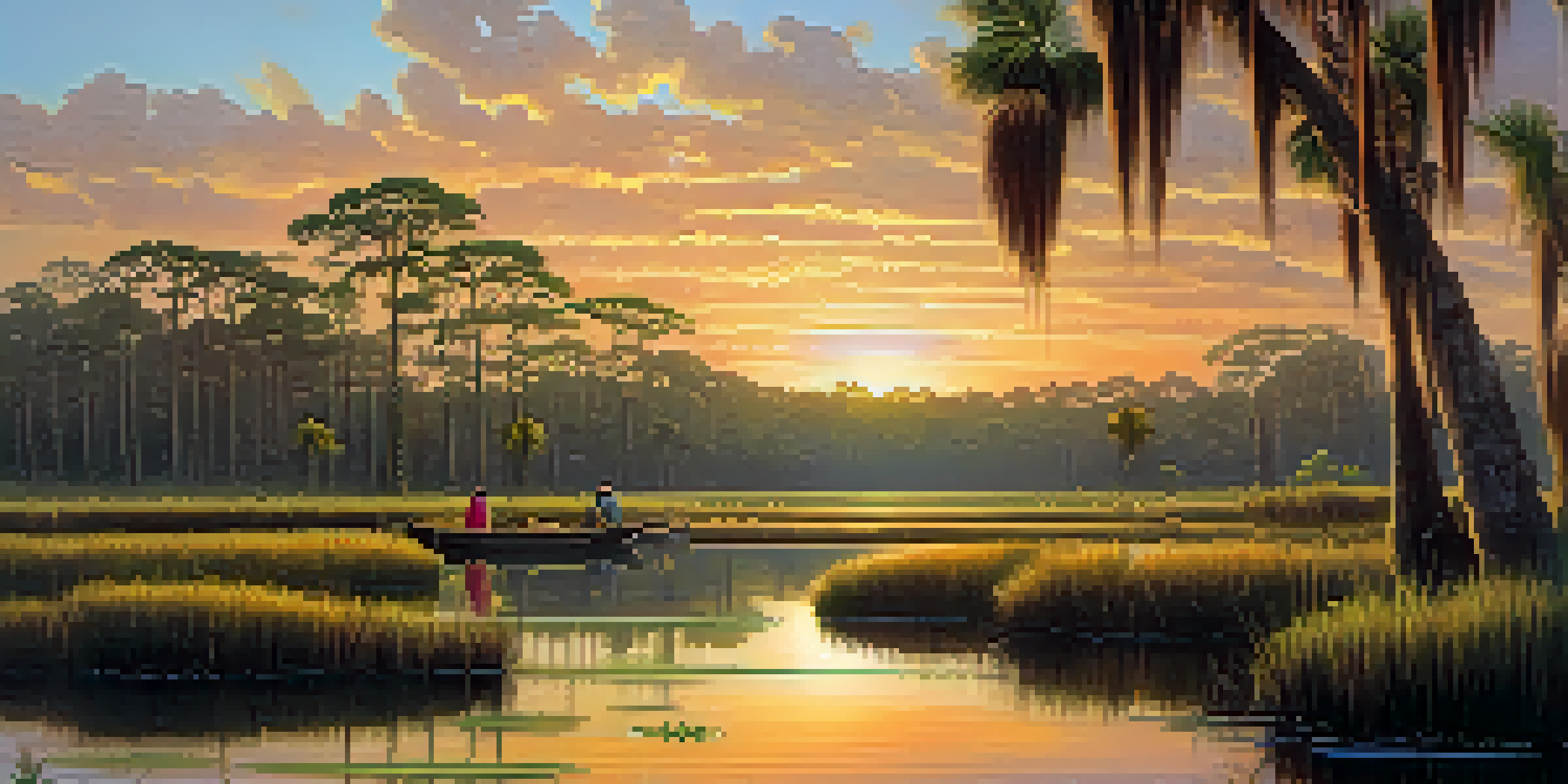 A tranquil wetland landscape in Florida at sunset, featuring cypress trees and a Seminole family fishing in traditional attire.