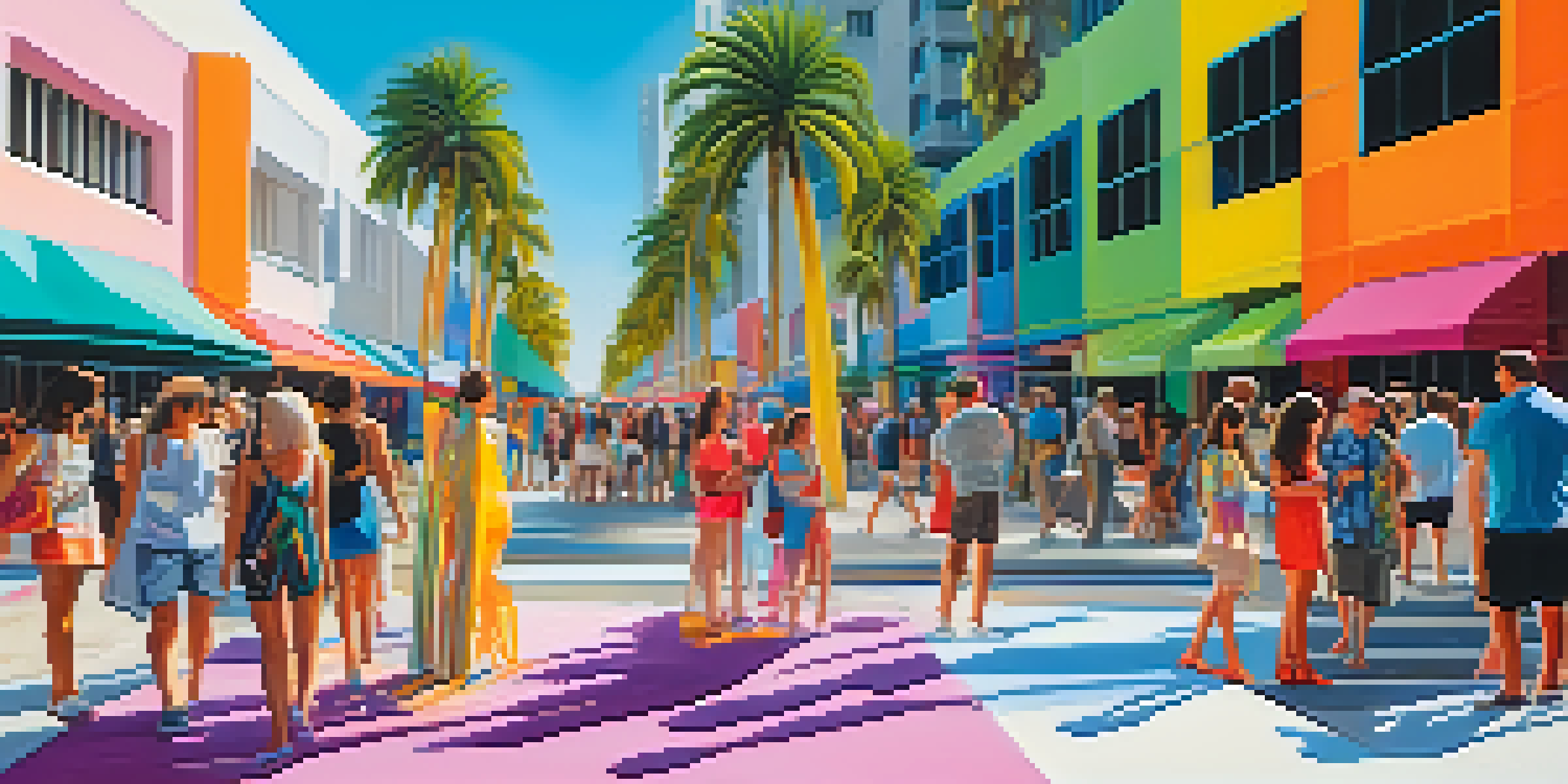 A colorful contemporary art installation with abstract sculptures and attendees enjoying the Miami Art Basel festival under bright sunlight.