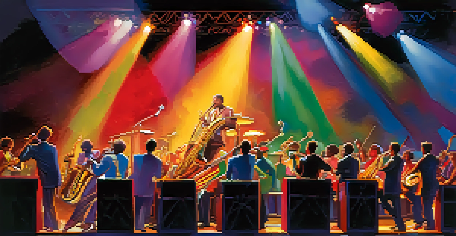A jazz musician performing on stage at the Orlando Jazz Festival, with colorful lights and an engaged audience enjoying the music.