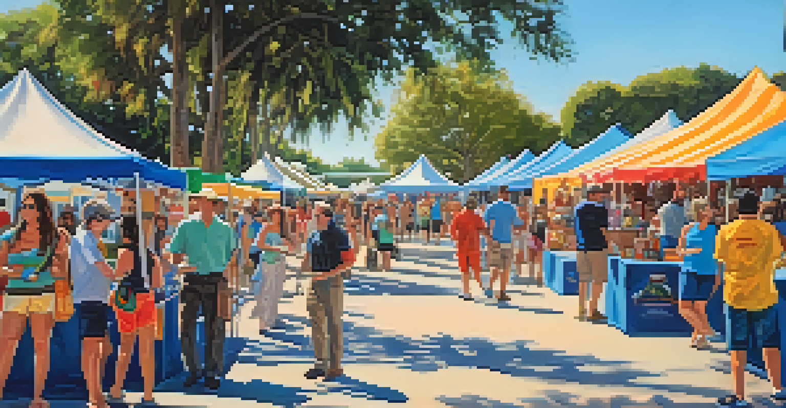 An outdoor art festival in Sarasota with families enjoying local art, live performances, and colorful tents under a clear blue sky.