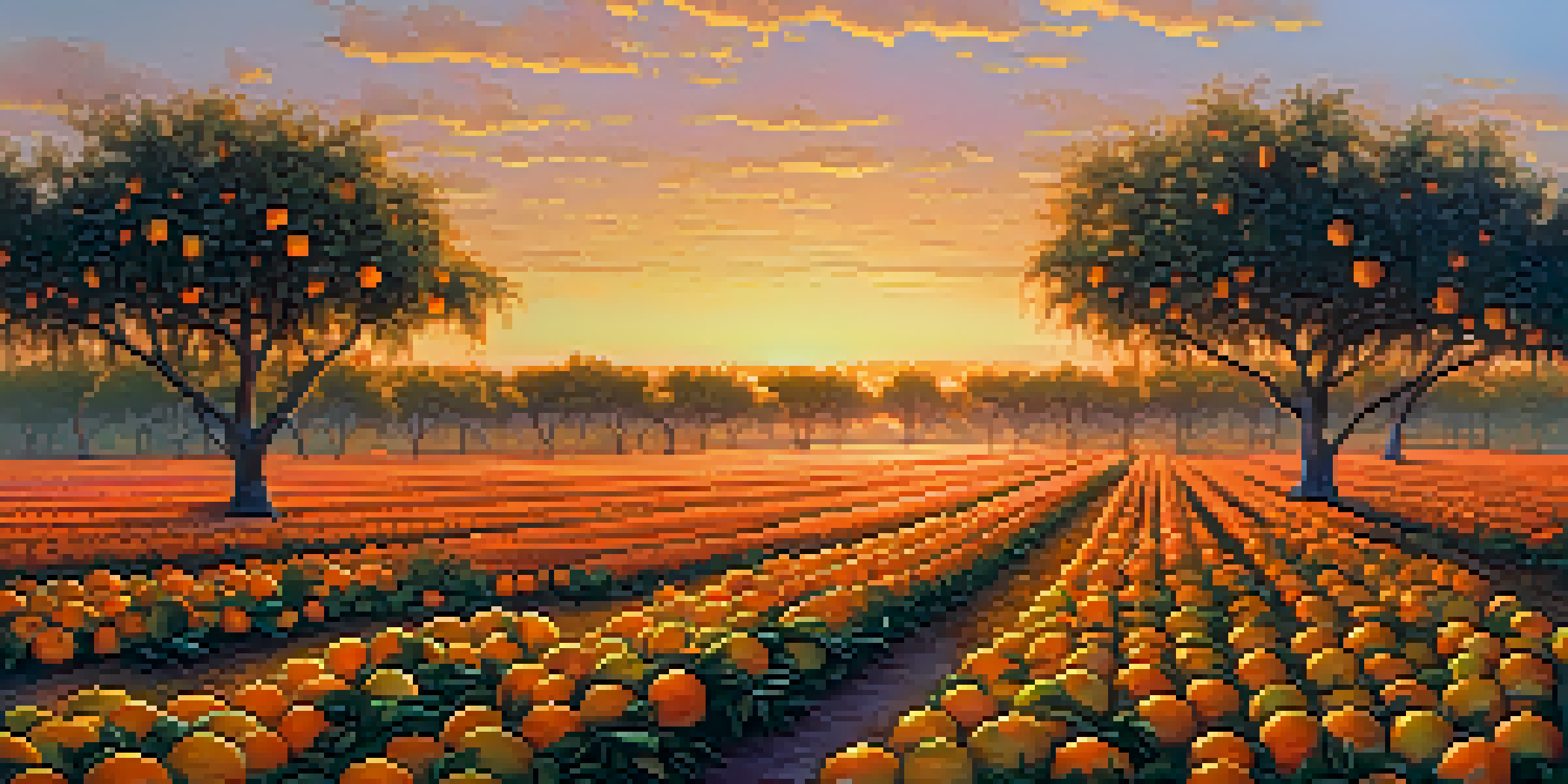 A picturesque citrus grove in Florida at sunrise, with orange trees and a colorful sky.