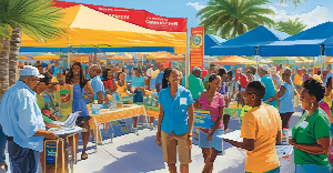 A lively community health fair in Florida with diverse people engaging in health activities and interacting with healthcare professionals under a clear blue sky.