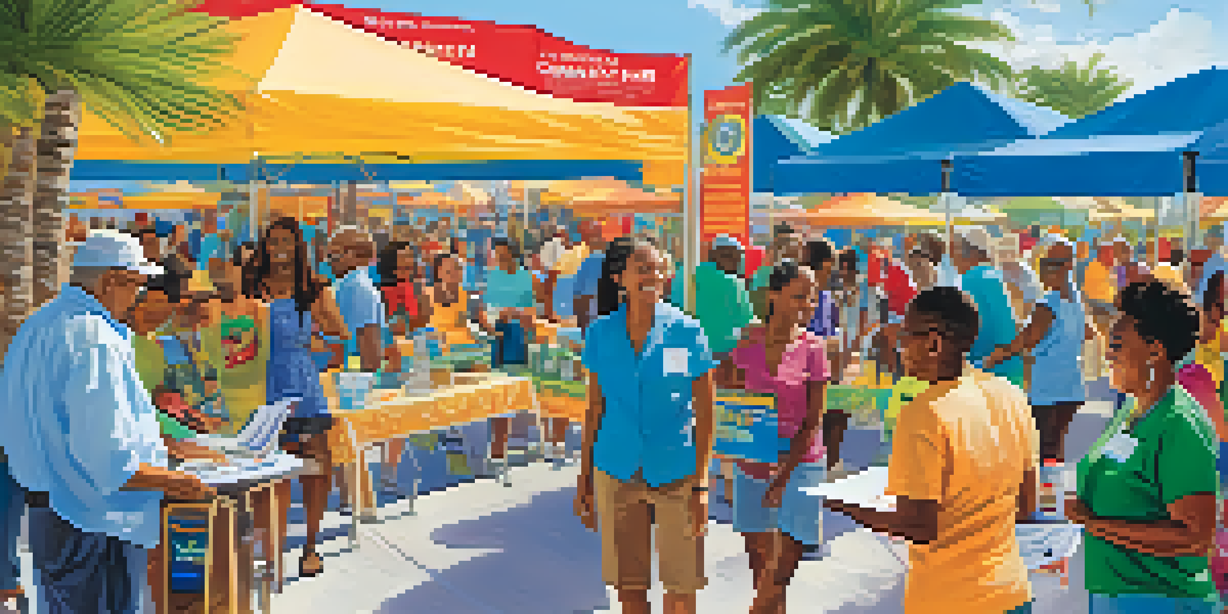 A lively community health fair in Florida with diverse people engaging in health activities and interacting with healthcare professionals under a clear blue sky.