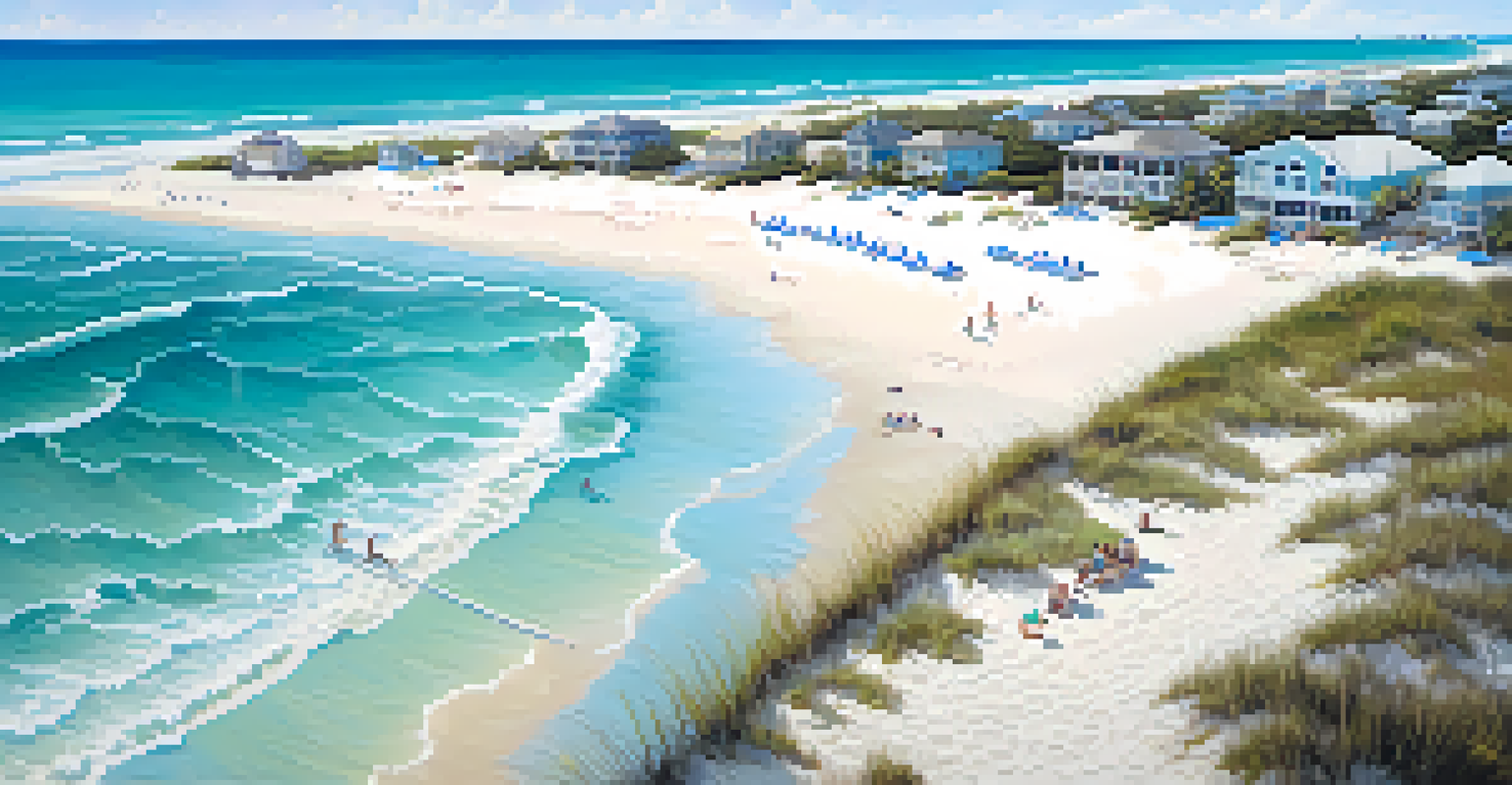 Aerial view of a Florida beach with marked sea turtle nests and volunteers monitoring the area.