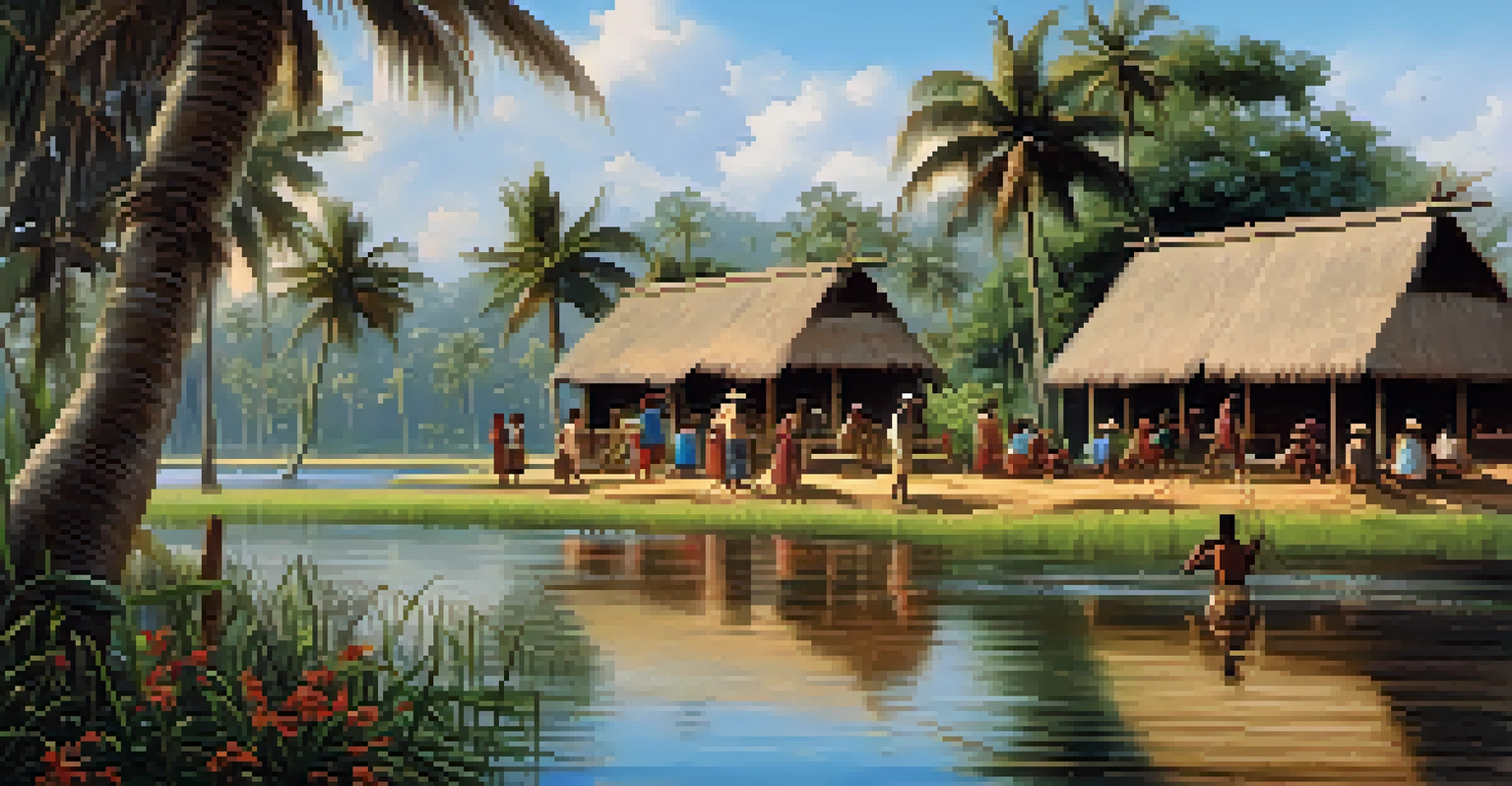A historical depiction of a Seminole village with traditional homes, people engaging in activities, and a bright sunny landscape.