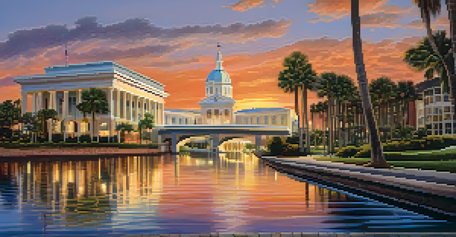 A split image showing a state government building and a local office, connected by a river, against a scenic Florida backdrop.