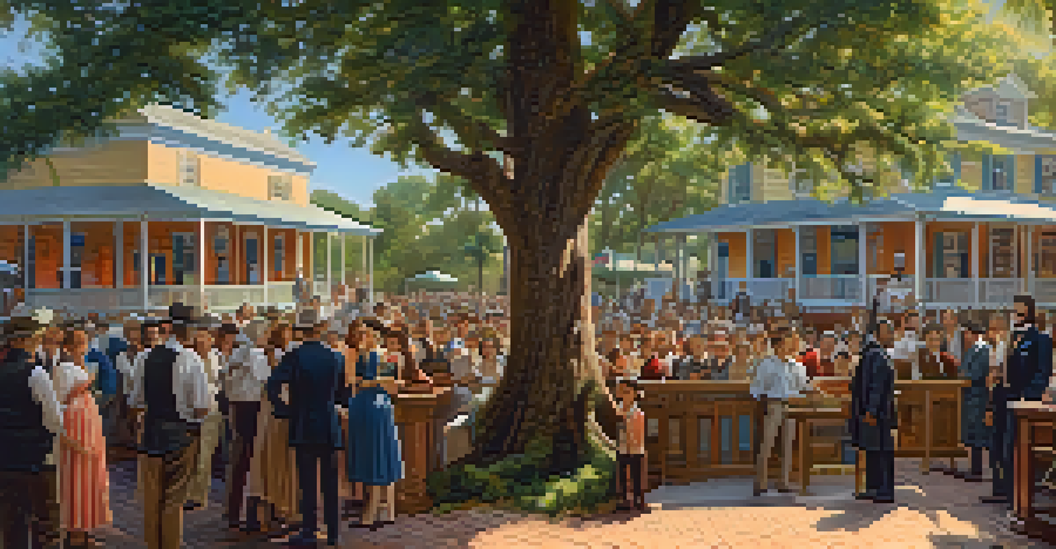 A lively 19th-century Florida town meeting with diverse residents discussing statehood around a wooden platform under natural light.