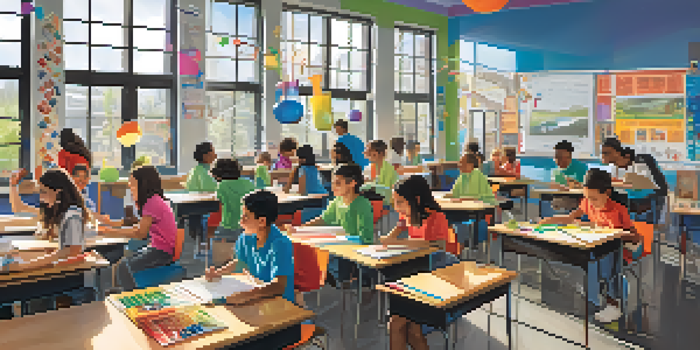 A classroom with diverse students engaged in STEM activities, surrounded by colorful science experiments and technology tools, with natural light and educational posters.