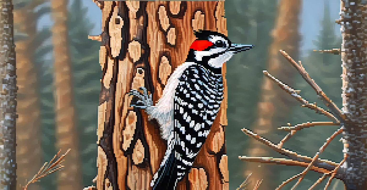A close-up of a red-cockaded woodpecker on a longleaf pine tree with sunlight filtering through.