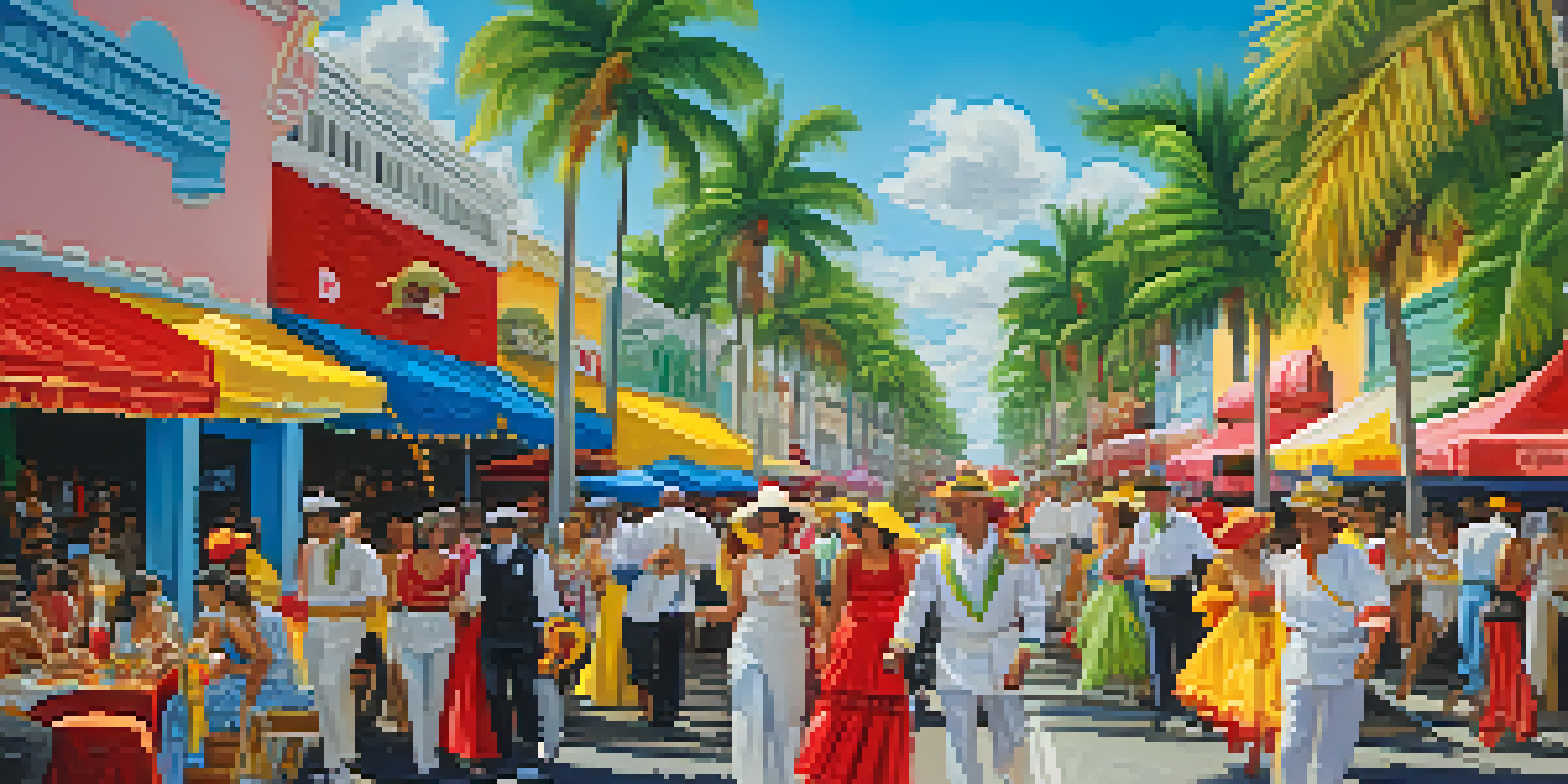 A lively street festival in Little Havana, Miami, with colorful dancers, decorations, and food stalls, set against a clear blue sky.