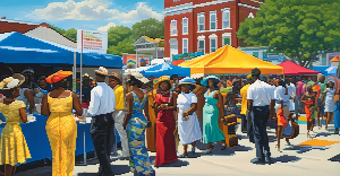 A lively festival with a diverse crowd, colorful art booths, and musicians performing, celebrating African American culture.