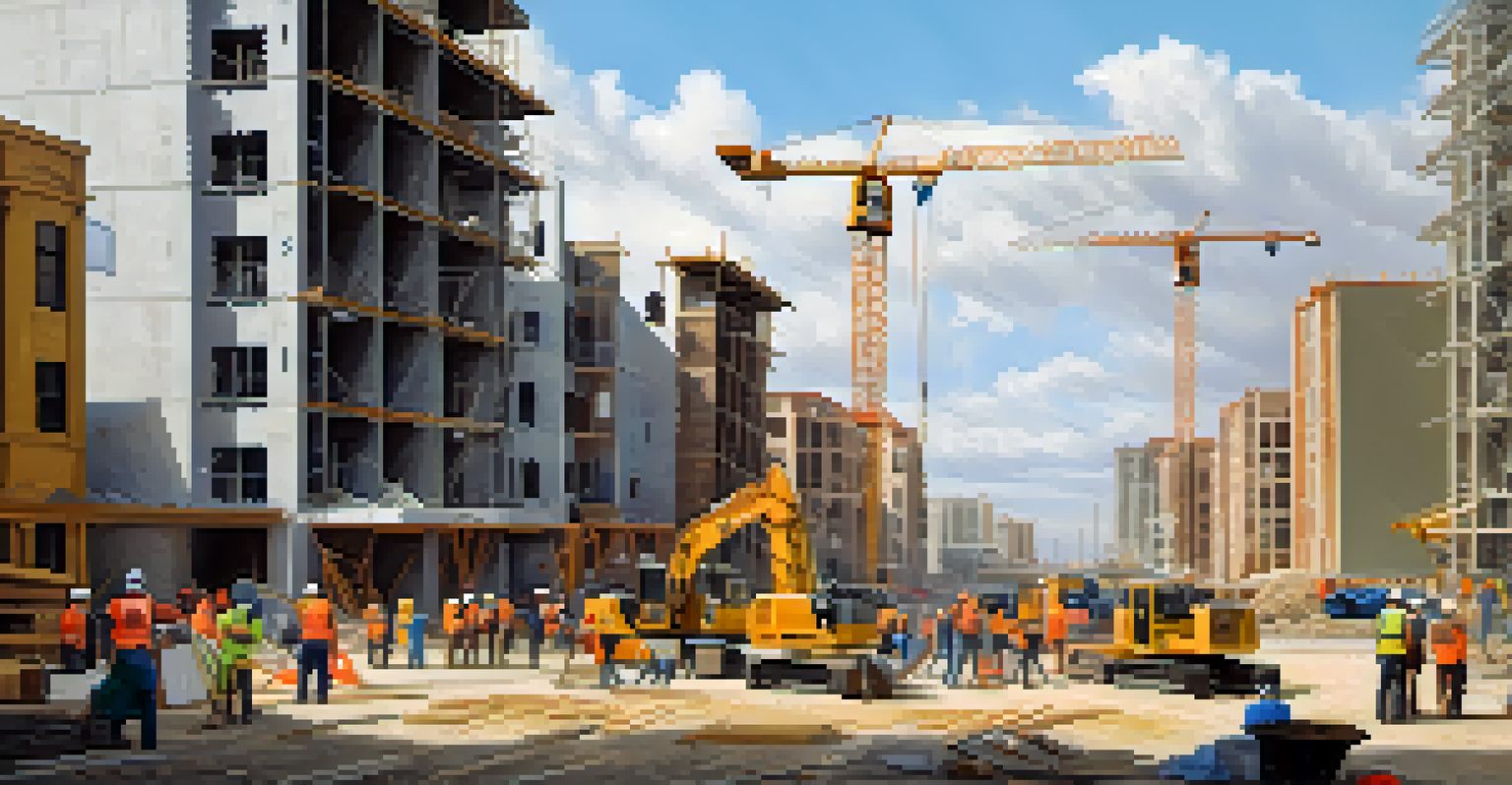 Construction workers at an affordable housing site in Florida, with cranes and buildings in the background.