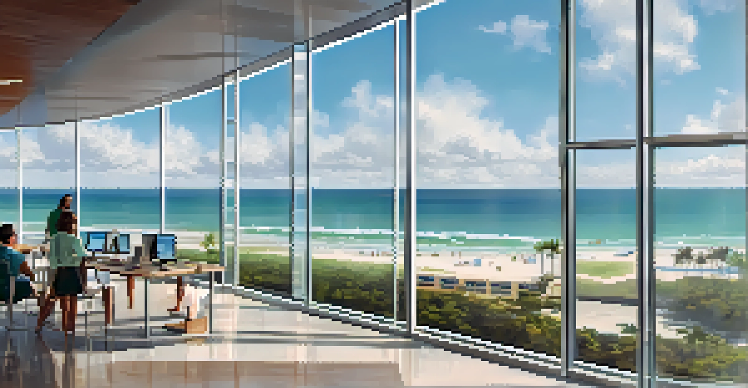 A modern office building for a tech startup along Florida's coastline, featuring large windows and a rooftop terrace overlooking the beach.